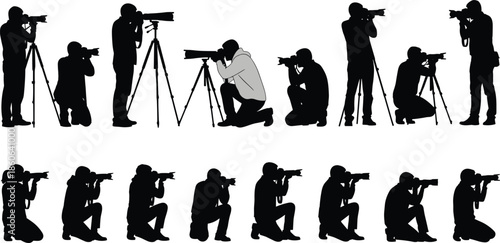 Photographer silhouettes set showing professional camera operators with tripods, photojournalism and media coverage poses, black vector illustration isolated on white background