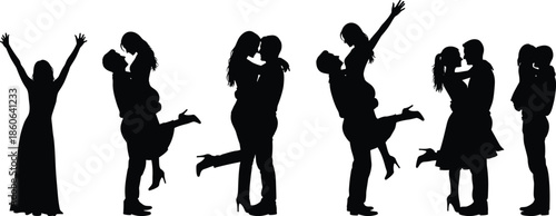 Romantic couple silhouettes expressing love, passion and happiness, hugging and kissing poses, relationship and romance concept illustration isolated on white background
