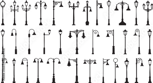 black silhouettes of various street lamps on white background