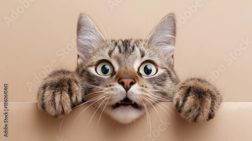 Surprised tabby cat peeking over beige edge