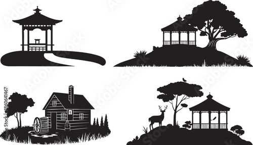 black silhouettes of houses and gazebos in natural scenery