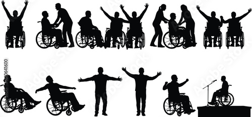 Wheelchair user silhouettes expressing inclusion, empowerment and social support, people with 