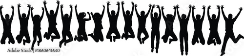 Silhouette group of jumping people celebrating success, teamwork and freedom, energetic crowd illustration isolated on white background for modern design