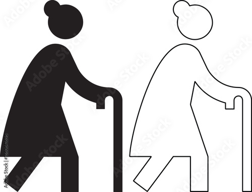 Elderly woman walking with cane icon set in solid and outline vector style