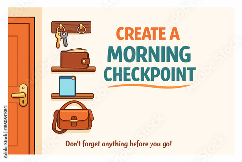 Create a morning checkpoint: organize essentials like keys, wallet, tablet, and bag