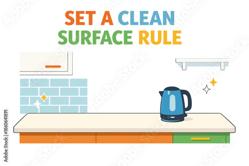Set a clean surface rule: modern kitchen counter with blue electric kettle