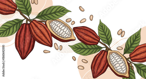 Artistic composition of cocoa plant branches with red pods, green leaves, and white beans on an abstract background.