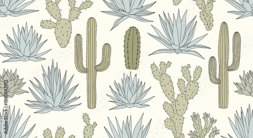 Desert botanical seamless pattern featuring various green cacti, agaves, and succulents on a light cream background.