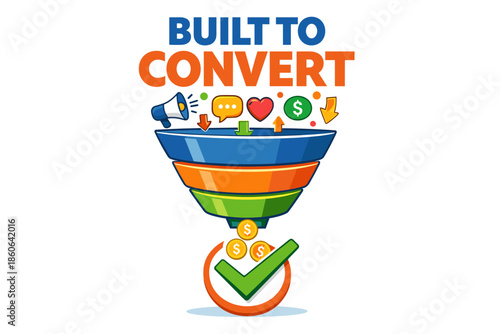 Colorful sales funnel with icons representing conversion and marketing strategies