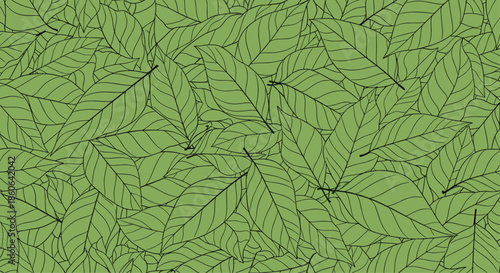 Lush and dense seamless pattern featuring overlapping green leaf outlines with detailed veins for a natural and botanical background texture.