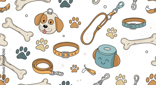 Charming hand-drawn seamless pattern of dog heads, bones, collars, leashes, and paw prints for pet-themed designs and accessories.