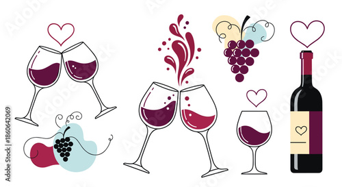 Creative set of wine-themed illustrations with glasses, bottles, grapes, and heart symbols for a romantic vineyard or celebration design.