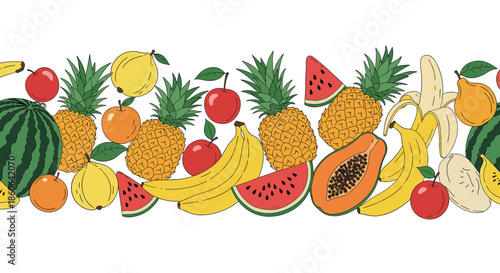 Vibrant hand-drawn border illustration with fresh fruits like watermelon, pineapple, banana, and papaya on a white background.