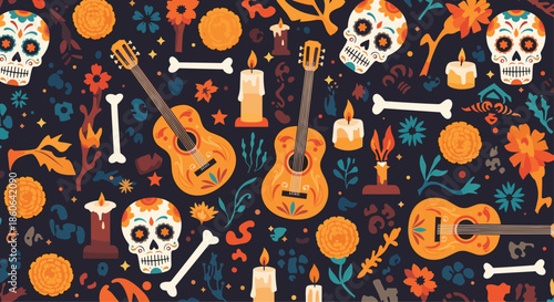 Festive Day of the Dead seamless pattern with decorated skulls, guitars, candles, and flowers on a dark background for Dia de los Muertos.