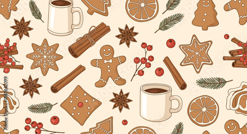 Cozy seamless pattern of gingerbread men, stars, cinnamon sticks, and mugs of hot chocolate for warm winter holiday themes and decor.