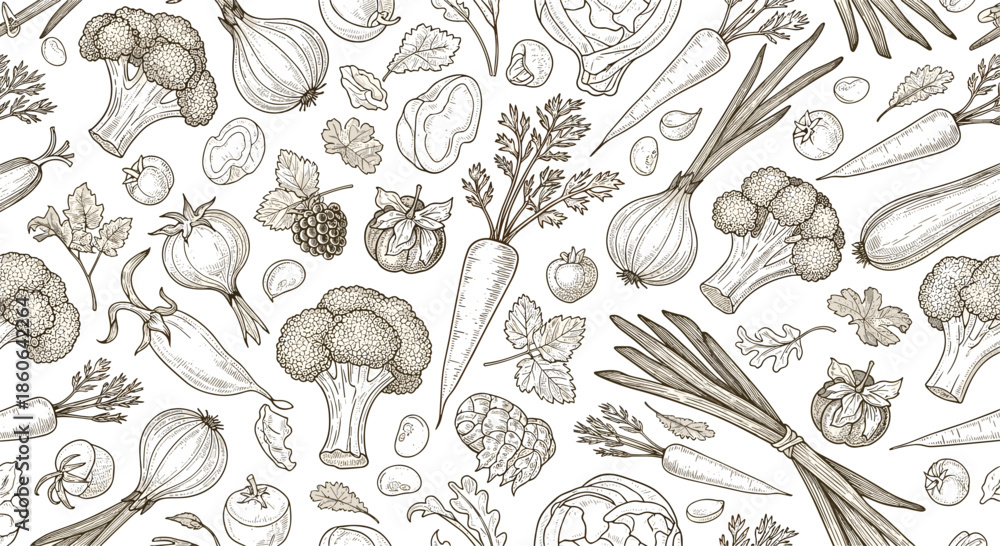 Fototapeta premium Vintage style seamless pattern featuring detailed hand drawn illustrations of fresh vegetables like broccoli, carrots, onions, and tomatoes.