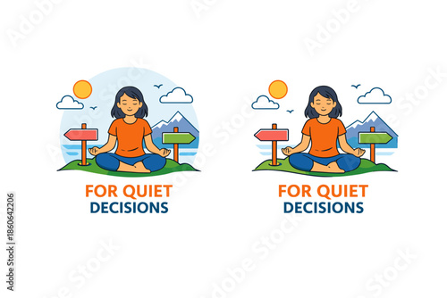 Young female meditating outdoors near directional signs with nature background