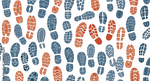 Dynamic seamless pattern of shoe sole prints in blue and orange on a white background, suggesting movement and outdoor exploration.