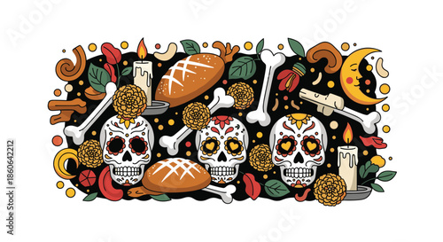 Richly decorated Day of the Dead illustration with sugar skulls, bread, candles, and flowers on a festive black background banner.