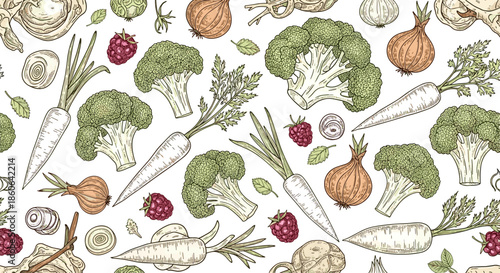 Detailed hand-drawn seamless pattern of healthy vegetables like broccoli and carrots mixed with raspberries for a fresh market feel.