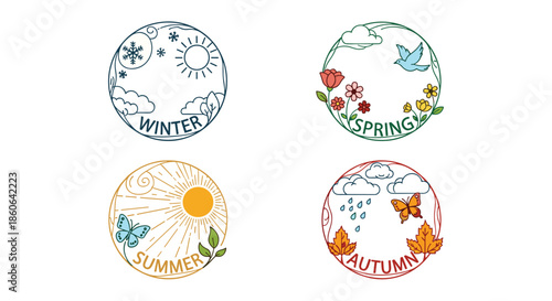 Set of circular labels representing the four seasons with characteristic nature elements and typography for winter, spring, summer, and autumn.