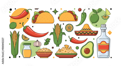 Comprehensive collection of Mexican food and drink icons including tacos, chili peppers, corn, avocado, tequila, and a sombrero on a white background.