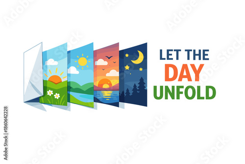 Colorful day progression from sunrise to night with motivational text