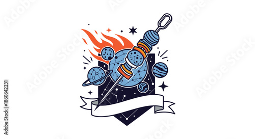 Stylized space kebab illustration featuring various planets and constellations on a dark blue shield with a blank white ribbon.