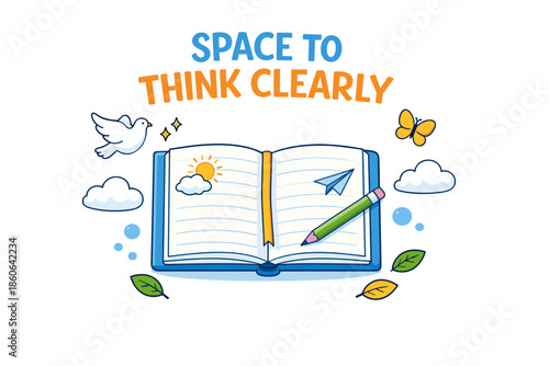 Open book with pencil and peaceful imagery for creative thinking