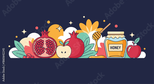 Festive composition for Rosh Hashanah featuring pomegranates, apples, a jar of honey, and autumn leaves on a dark blue background with stars.