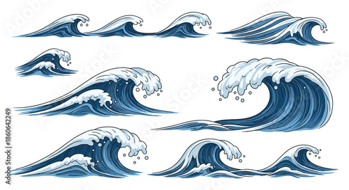 Collection of stylized blue ocean waves in a traditional artistic style showing different stages of movement and splashing foam.