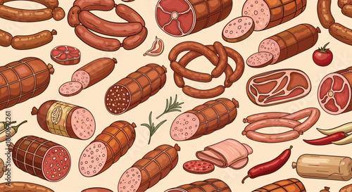 Delicious seamless pattern background containing various types of sausages, salami, ham, and deli meats with herbs and spices on a light beige backdrop.
