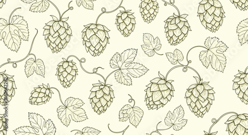 Elegant seamless pattern showcasing hand drawn hop cones and leaves in a vintage botanical style perfect for brewery and beer branding.