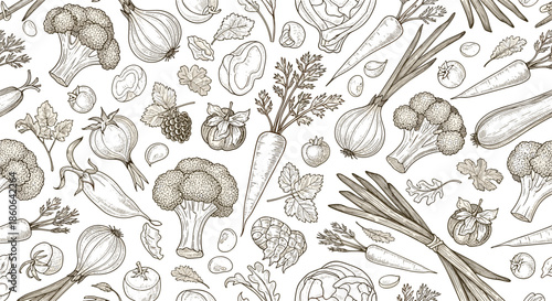 Vintage style seamless pattern featuring detailed hand drawn illustrations of fresh vegetables like broccoli, carrots, onions, and tomatoes.