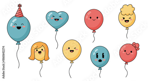 Playful set of colorful balloon characters with various cute facial expressions and accessories like hats, hair, and bows for parties.