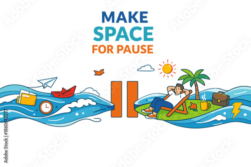 Relaxation concept with young male on island and ocean waves symbolizing break and rest