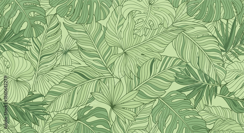 Lush tropical forest background featuring a dense seamless pattern of various green monstera and palm leaves in a hand drawn line art style.
