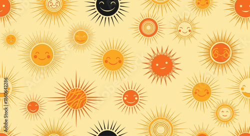 Bright and cheerful seamless pattern containing numerous stylized smiling suns with various designs and faces on a warm yellow background.
