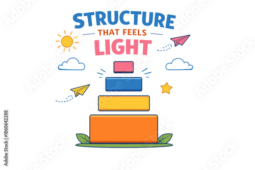 Colorful stacked blocks with paper planes and sun illustration on white background