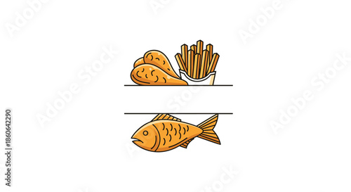 Stylized illustration of popular fast food dishes including fried chicken legs with french fries and a whole cooked fish on a white background.
