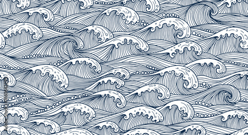 Intricate seamless pattern of stylized blue ocean waves and foam inspired by traditional Japanese art and woodblock prints.