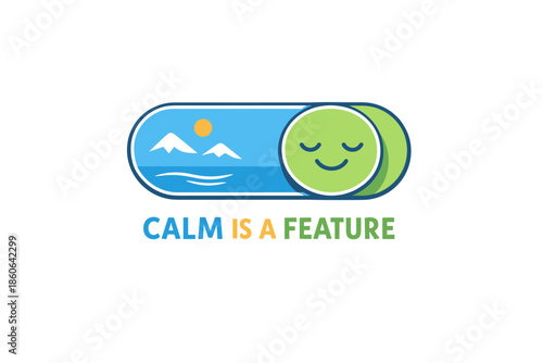 Switch to calm: peaceful mountain landscape and relaxed face illustration