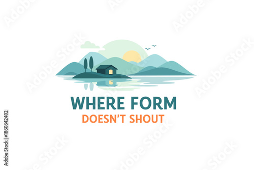 Tranquil lakeside cabin at sunset with mountains and trees in minimalist style