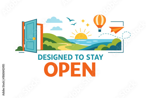 Scenic landscape with open door and inspirational elements