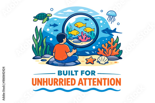 Child observes marine life through aquarium glass: fish, coral, and sea creatures