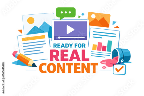 Colorful digital content creation elements with play button and statistics