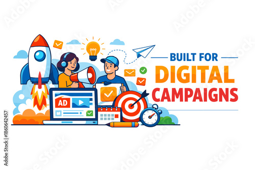 Creative digital marketing illustration with laptop, rocket, and diverse team