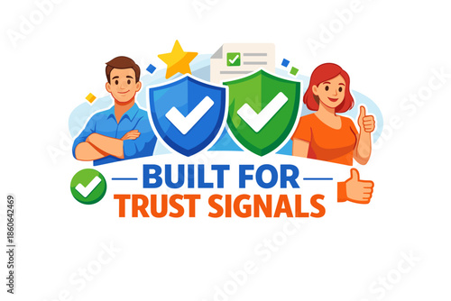 Trust signals concept with diverse characters and checkmark shields