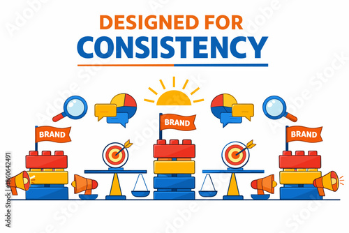 Consistency in branding: visual representation with scales, targets, and speech bubbles