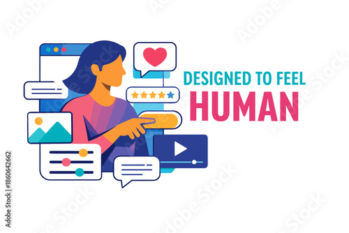 Designed to feel human: illustrated female interface concept with social media elements